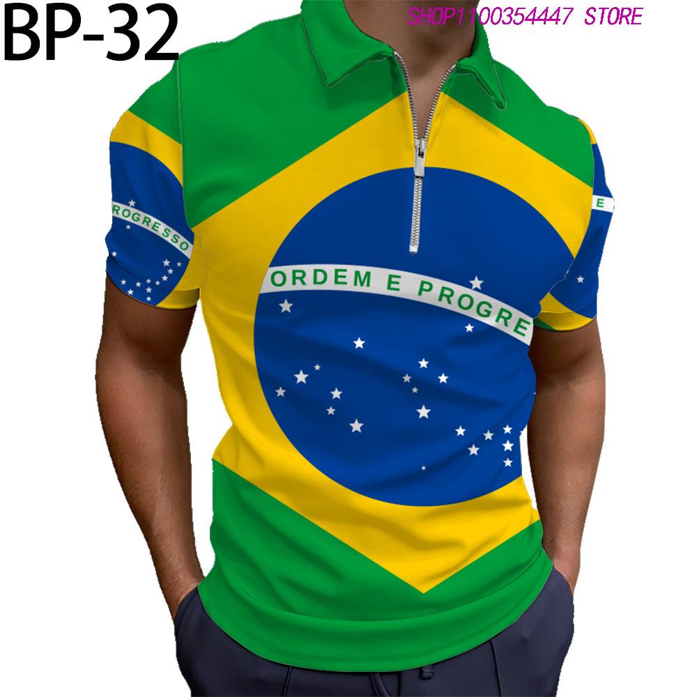 Brazil Flag Print Short Sleeve Zip Polo Shirt, Casual Wear