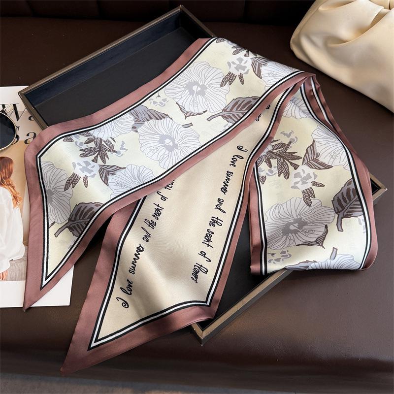 Literary flower printing double-layer scarf decorative silk scarf commuting spring and summer diagonal hair scarf versatile thin streamer