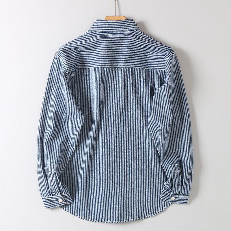 Japanese Retro Striped Denim Shirt for Men, Long-Sleeved, New Autumn Casual Loose Shirt, Men's Workwear Jacket, Trendy