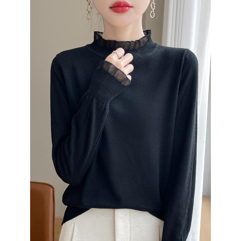 Semi-turtleneck fungus edge lace splicing knitted sweater women's autumn and winter new sweater inner and outer wear bottoming shirt thin