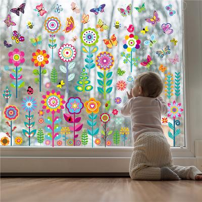 Autocollants de fenêtre fleur papillon plante maison salon enfants maternelle décoration verre électrostatique printemps et été autocollants de fenêtre
