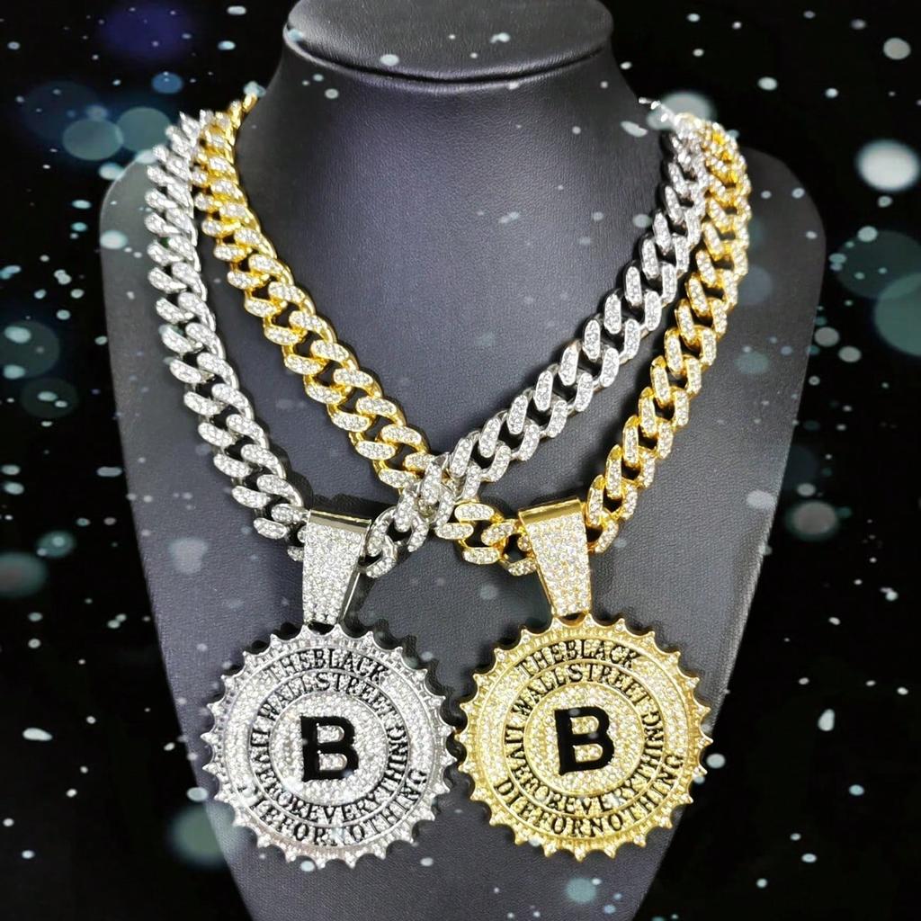 Hip Hop Style Circular Black Letter B Pendant, Paired With A Cuban Chain Necklace, Men'S Style.