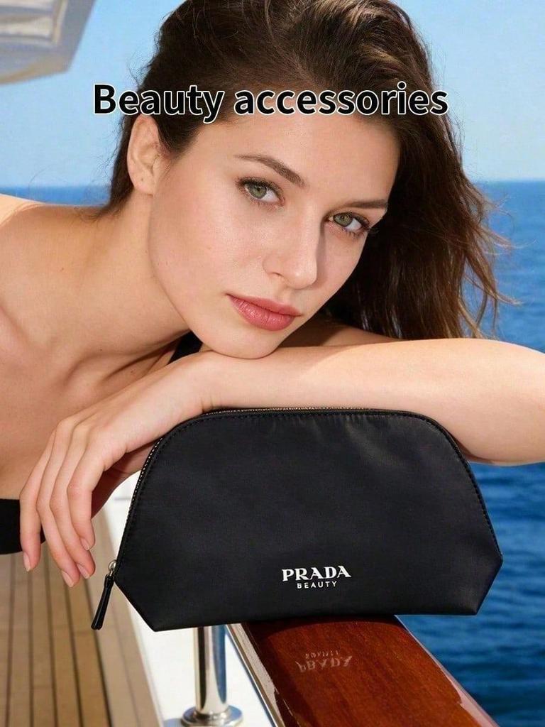 Prada Black Nylon Shell Makeup Bag, Women Portable Zipper Cosmetic Pouch Travel Wash Organizer Bag