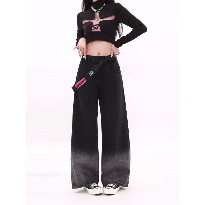

Plus Size Side Zipper Gradient Denim Women s 2025 New Arrival American High Waist Straight-leg Wide Leg Loose Pants Fashion Black [Quality Edition]] L