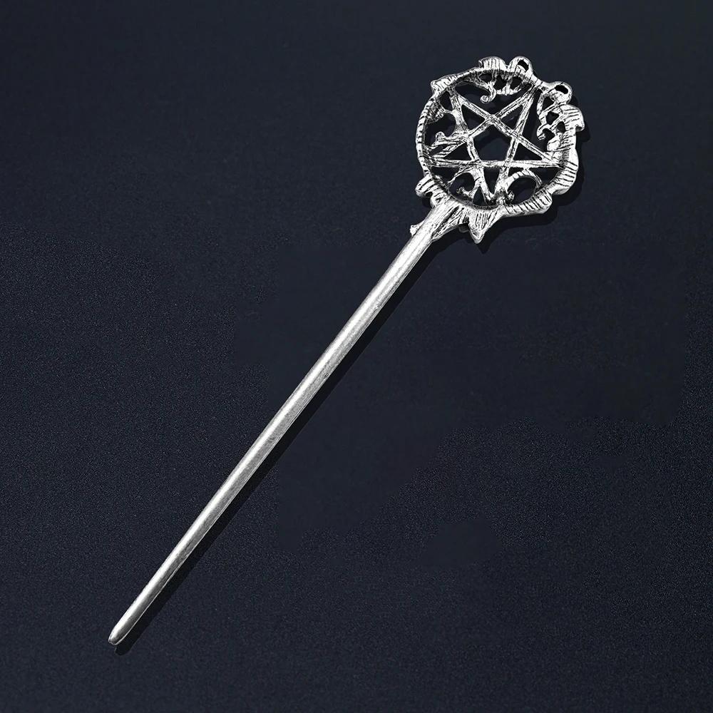 Retro Gothic Wicca Pentacle Hair Stick for Women Charm Witch Pentagram Hairpins Antique Silver Color Metal Headwear Jewelry Gift
