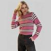 Winter New European and American Short Knit Sweater for Women, Crew Neck Striped Color-block Slimming Top