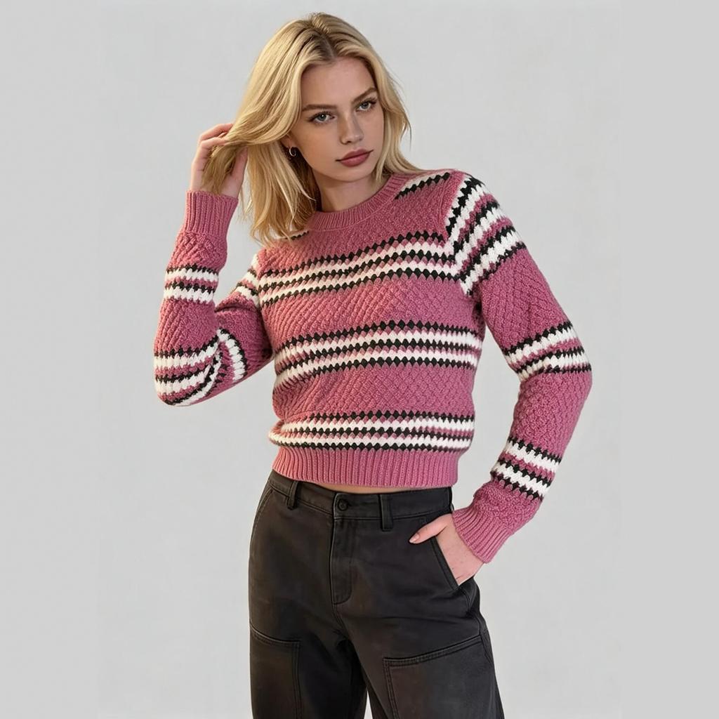 Winter New European and American Short Knit Sweater for Women, Crew Neck Striped Color-block Slimming Top