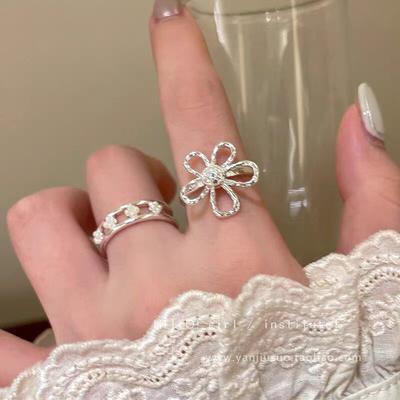 Silver Hollow Pearl Flower Opening Ring Women'S Light Luxury High-End Temperament Ring French Retro Niche Ring
