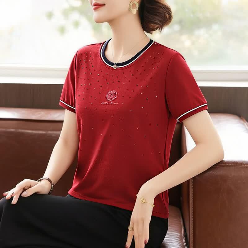 SIFONE Women s Casual Loose Fit Embroidered Short Sleeve T-Shirt 3XL вино красного