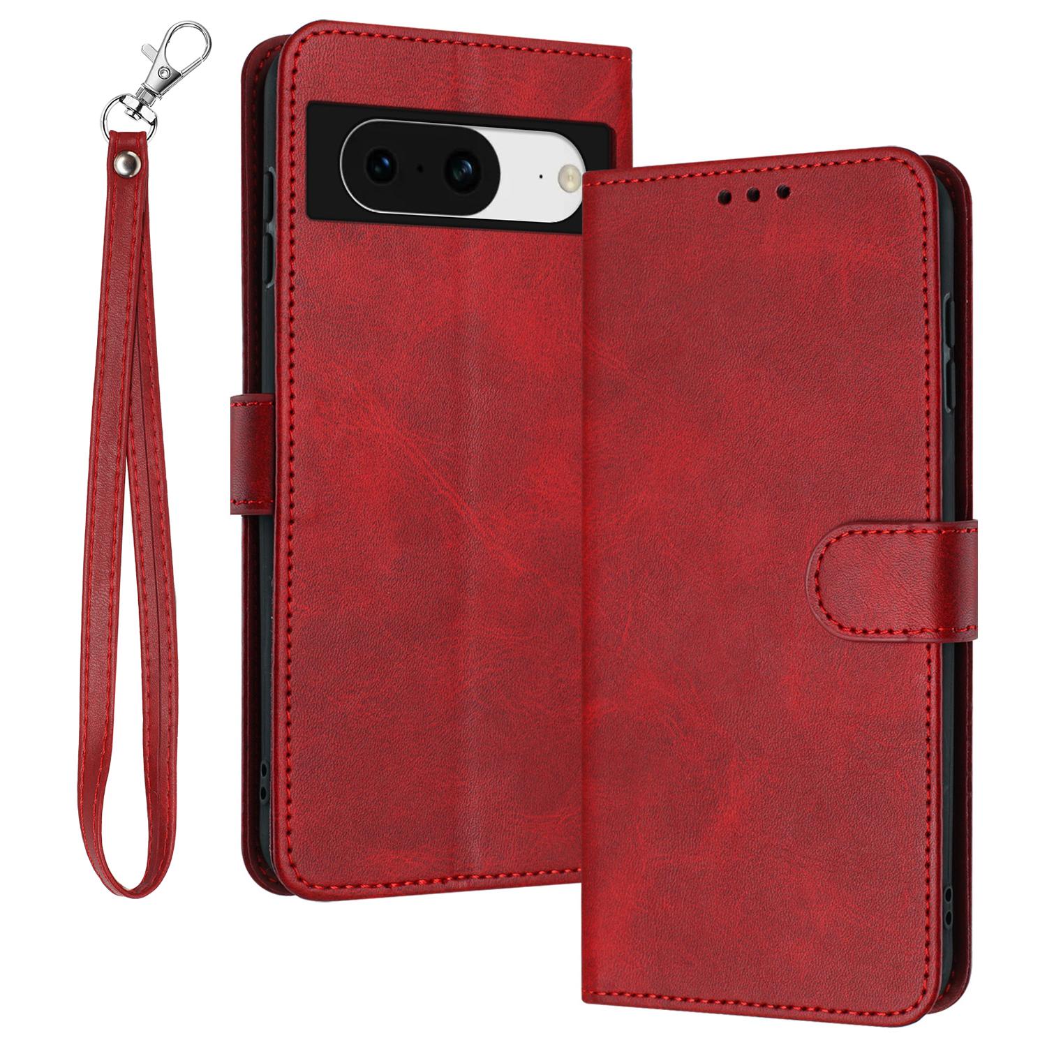 

Для Google Pixel 8 Кожаный чехол-кошелек из ПУ с текстурой теленка Чехол для телефона с ремешком Red