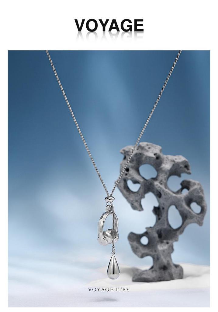 Silver Water Drop Earphone Pendant Necklace for Women and Men - Titanium Steel Sweater Chain with High-End Autumn and Winter Style.