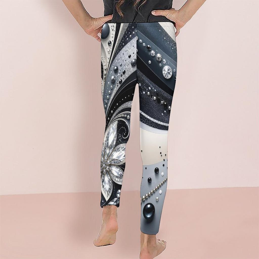Girls Black Golden Glitter Print Full Length Stretch Waist Fitted Yoga Leggings