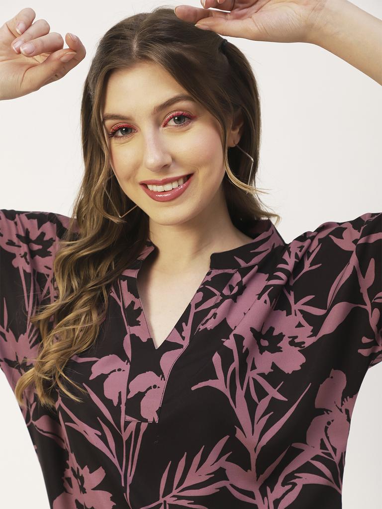 Moomaya Printed V-Neck Long Tops For Women, Short Sleeve Regular Fit Shirt