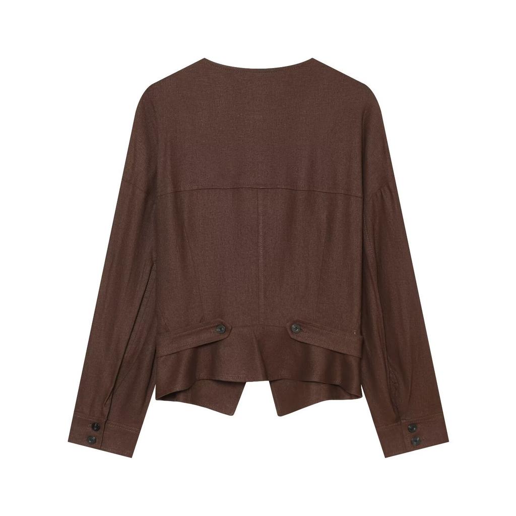 New Fashion Crew Neck Linen Bat Sleeve Double Flap Jacket 2984709