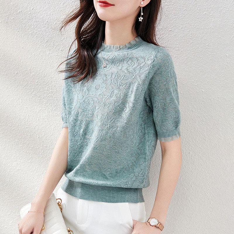 Lace Edge Knitted T-shirt for Women In Spring and Summer Hollow Hook Flower Loose Thin Knit Sweater