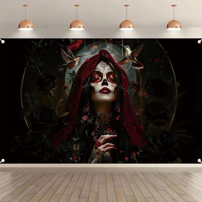 Mexican Sugar Skull Tapestry, Day of the Dead Flower Girl Wall Hanging, Halloween Carnival Decor for Bedroom Party