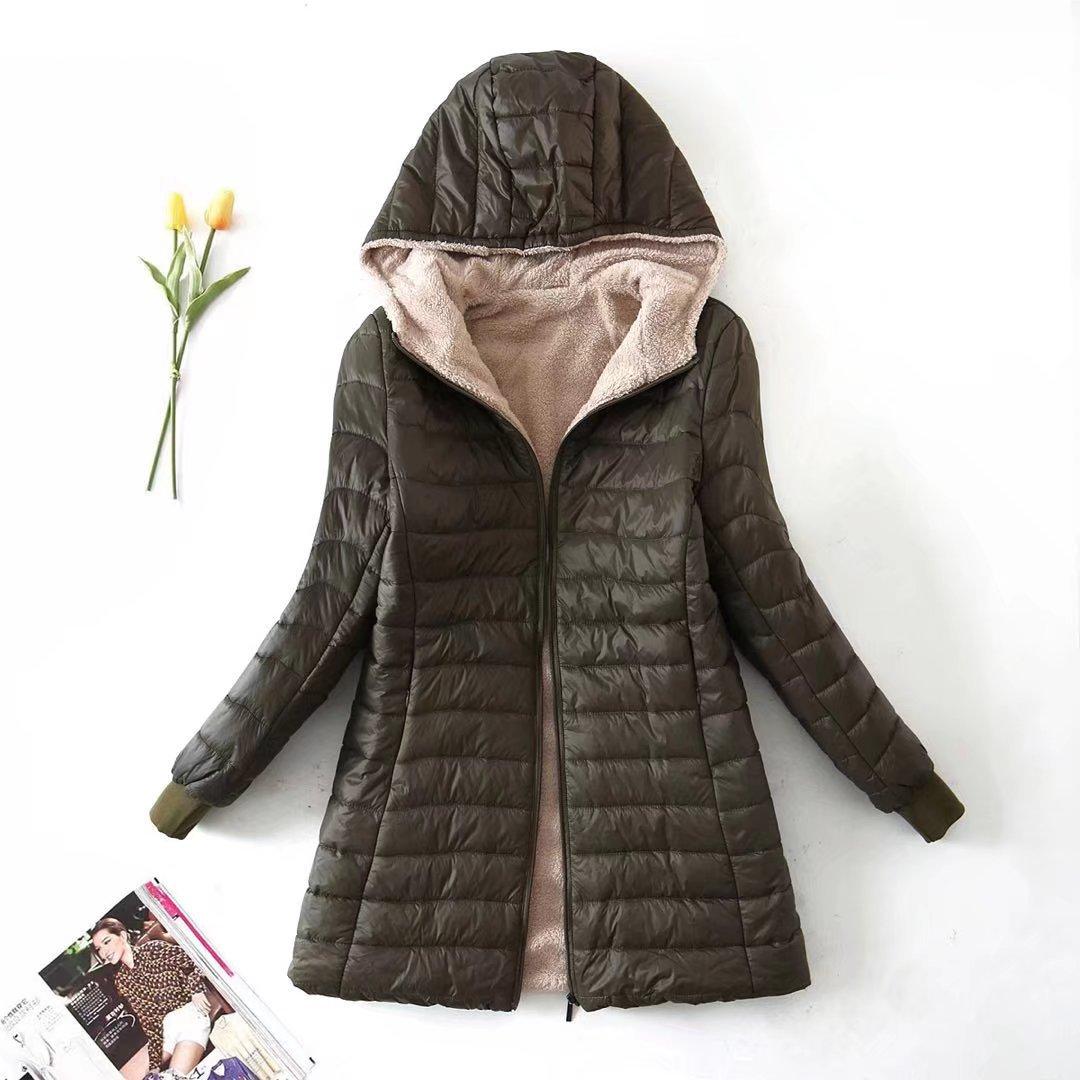 

Women s Fall and Winter Padded and Hooded Warm Jacket Solid Color Long Coat 3XL
