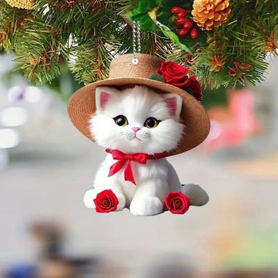 Yousheng Cartoon Cat Car Pendant Acrylic Cute Kitty Hanging Ornament Lanyard Whimsical Bag Charm Car Rearview Mirror Christmas Tree Decoration