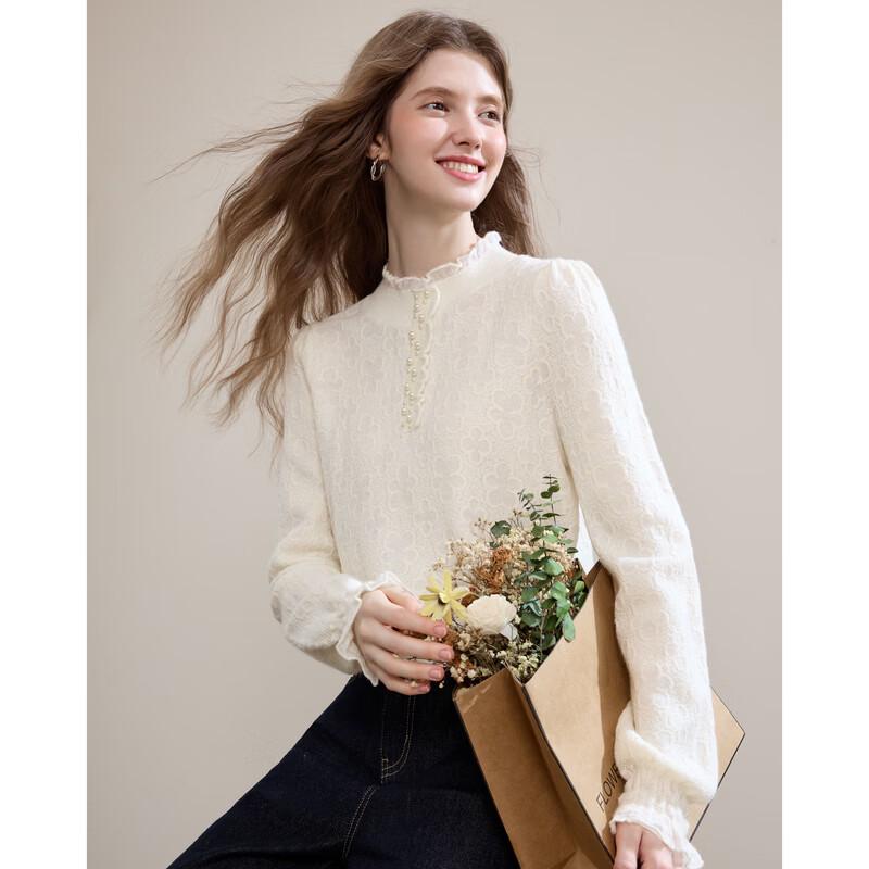Baitu Women's Jacquard Ruffle Collar Long Sleeve Knit Sweater