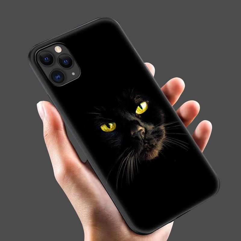 Black Tpu Case for Iphone 5 5s Se 6 6s 7 8 Plus X 10 XR XS 11 12 13 Mini Pro MAX Case Silicone Cover Black Cat Staring Eye On