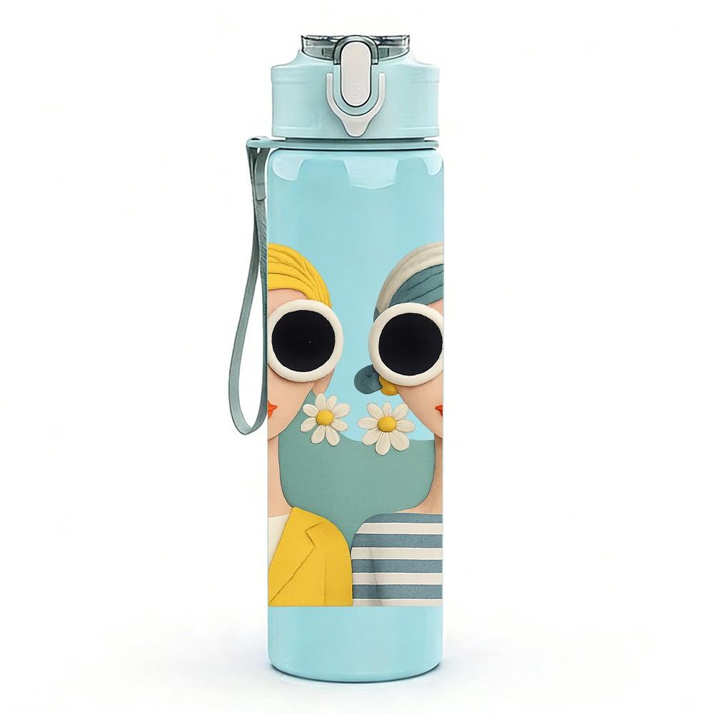 1PC Two Ladies Sunglasses Cartoon Duo 750ml Color Plastic Sports Water Bottle Leakproof Flip Straw Lid For Sports Office Home Use