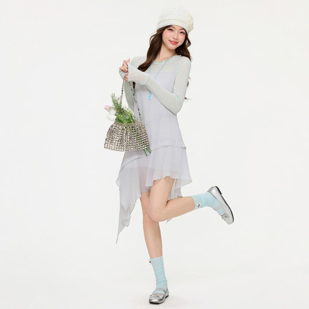 Gray Irregular Sling Vest Dress 2026 Spring and Summer New Outer Wear Stacked Sleeveless Medium and Long Vest Skirt