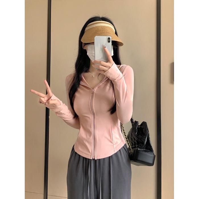 Ice silk slim-fitting sunscreen clothes women's air-conditioning clothes waist pure wind zipper cardigan light short jacket hooded