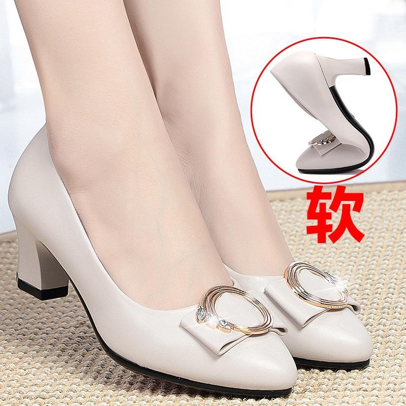 2025 Spring And Autumn Mid-heel Single Shoes Women's Middle-aged Women's High-heeled Soft-soled Leather Shoes For Mothers