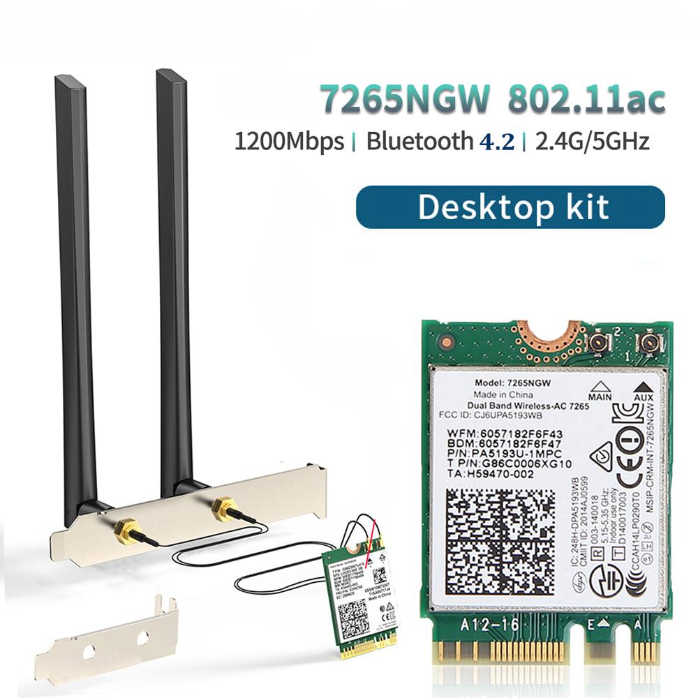 WiFi-Adapter für PC-Desktop 7265NGW 1200 Mbit/s Bluetooth 4.2 M.2 Desktop-Kit 802.11AC Dualband 2,4G 5G Drahtlose Karte für PC
