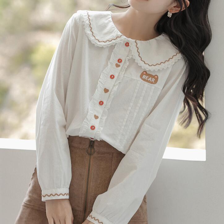 Spring and Autumn New Embroidery Long Sleeve Shirt Women Casual White Inner Blouse Tops