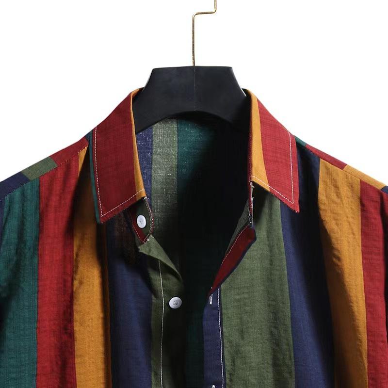 Men's Summer New Striped Casual Shirt Flip Collar Short Sleeve Colorful Striped Men's Shirt