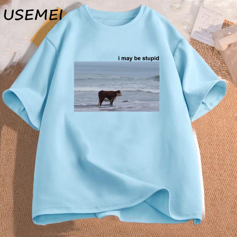 Ich bin vielleicht eine dumme Kuh am Strand Lustiges Meme T-Shirt Baumwolle Kurzarm Unisex Mode O-Ausschnitt T-Shirt Lässige Gemütliche Baumwoll-T-Shirts