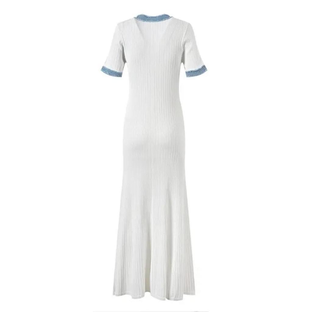 Elegantní Kontrastní Dámské Pletené Maxi Šaty Šik O-výstřih Krátký Rukáv Kovové Knoflíky Bodycon Šaty Kancelářská Dáma Cestovní Župan