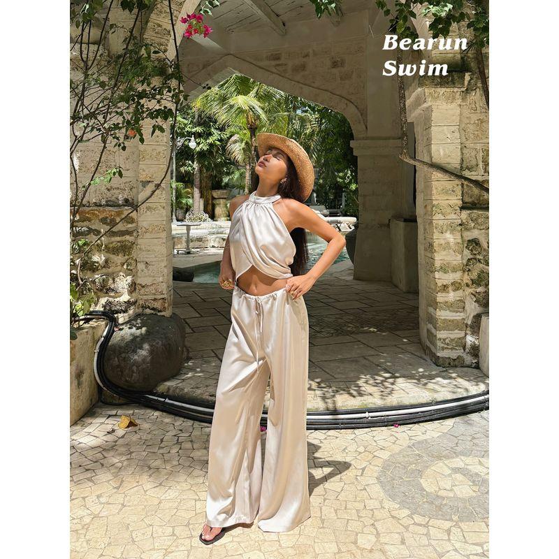 

Bearun Swim Fashion Suit Women 2025 Stylish Open Back Halter Spaghetti Straps Vest Cropped Pants Two-piece Set