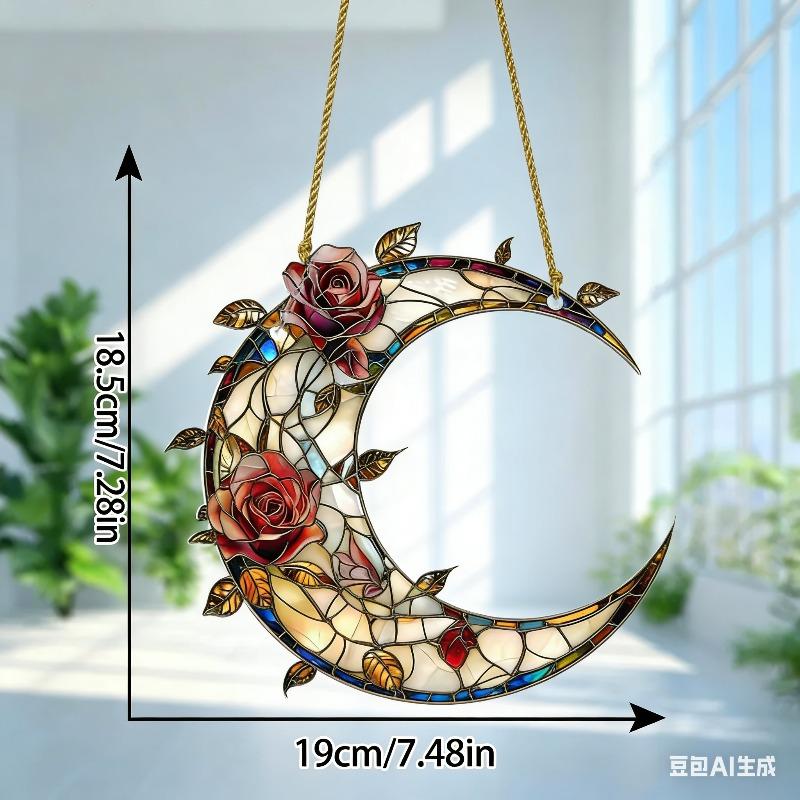 2D Flat Crescent Moon & Flower Acrylic Decoration Sign, Red Rose & Leaves Design, Home Decor Plaque Hanging Wall Art Decorative Garden Decoration for