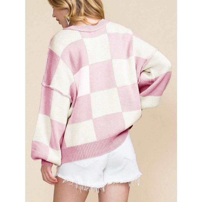 Koszula z długim rękawem w kratę, sweter z okrągłym dekoltem