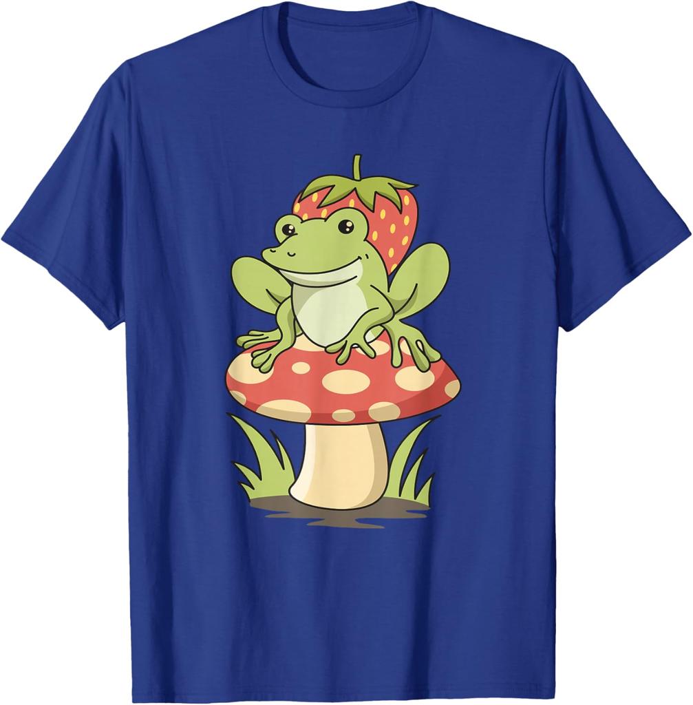 Cute Frog Strawberry Mushroom Graphic Tee Cottagecore Aesthetic Casual Round Neck T-Shirt