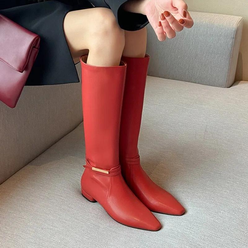 Fashion New Solid Color Cowhide 2.5cm Low Heel Knee High Boots Autumn Winter Fashion Warm Plush Red Black Spicy Girl Women Boots 34-43