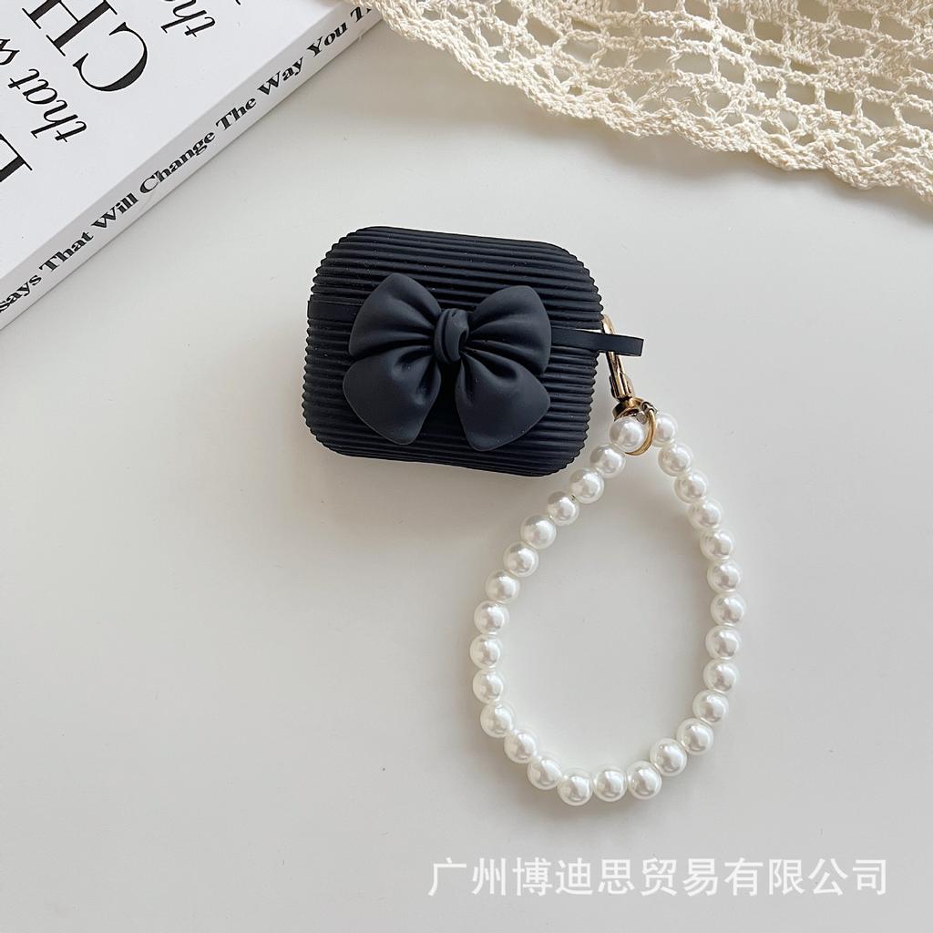 New Apple Earphone Case Horizontal Strip Silicone Bow + Hand Bead Rope AirPods Girl Bow Earphone Cover