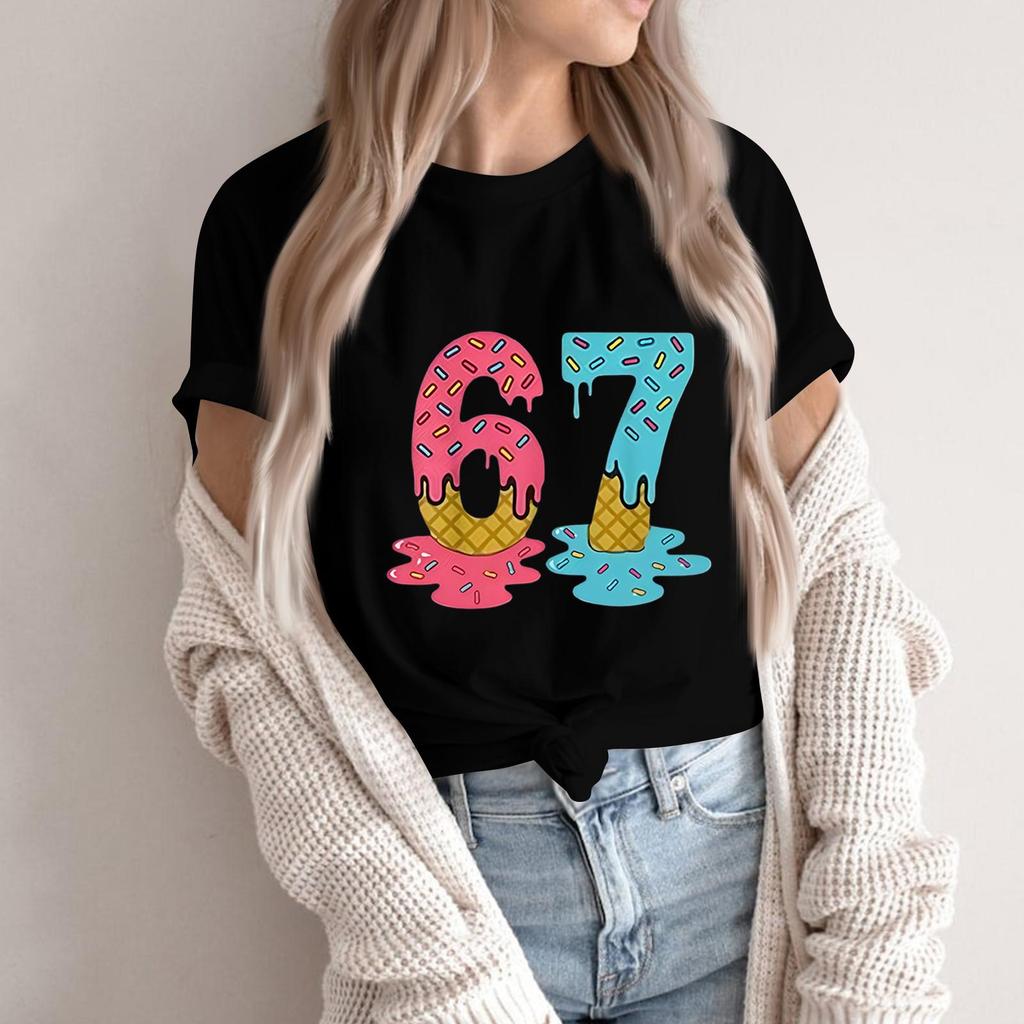 Women's Fashionable Casual Short Sleeved Printed T-Shirt Round Neck Top