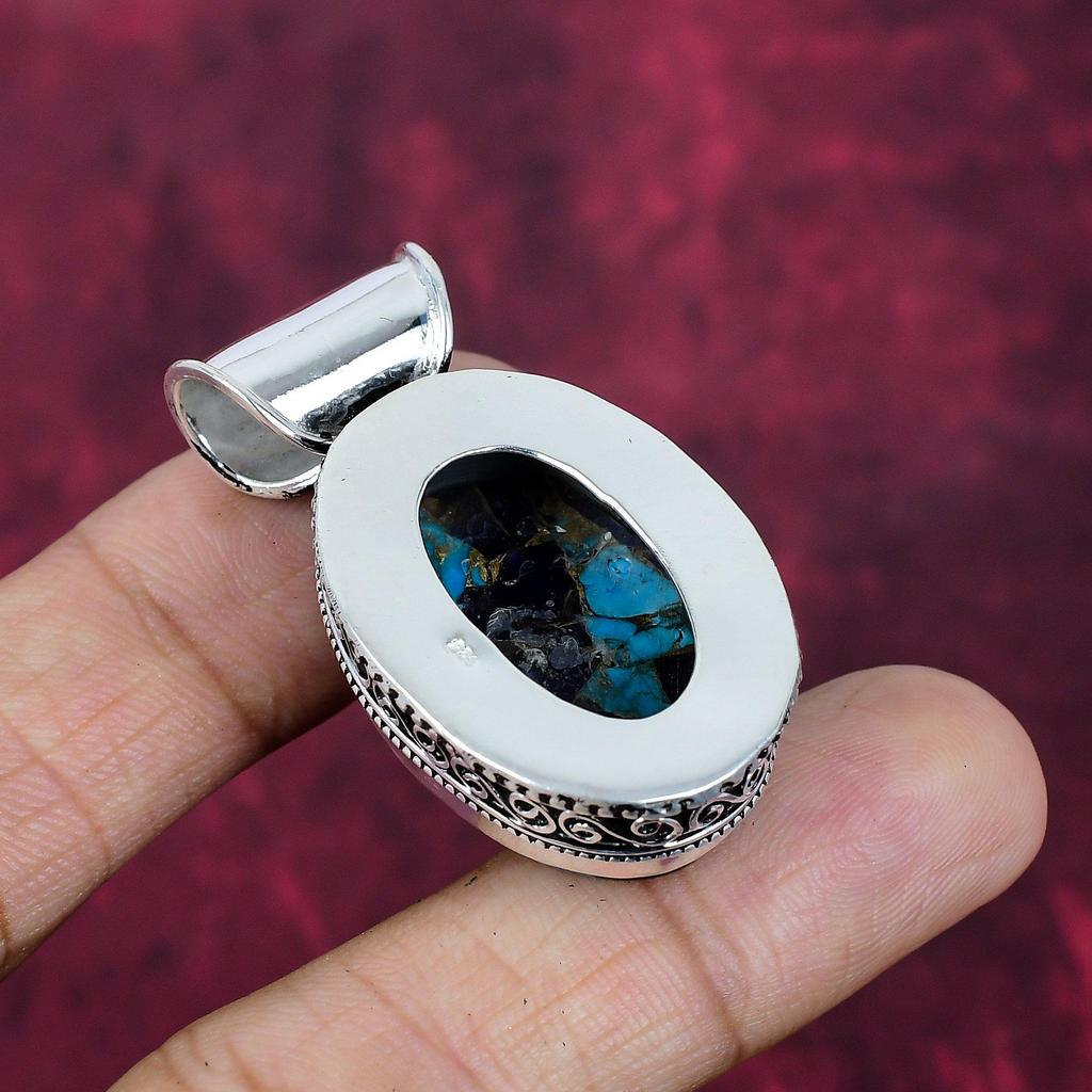 Copper Amethyst Turquoise Handmade Gemstone Pendant, 925 Solid Sterling Silver Pendant Antique Jewelry, For Memorial Day