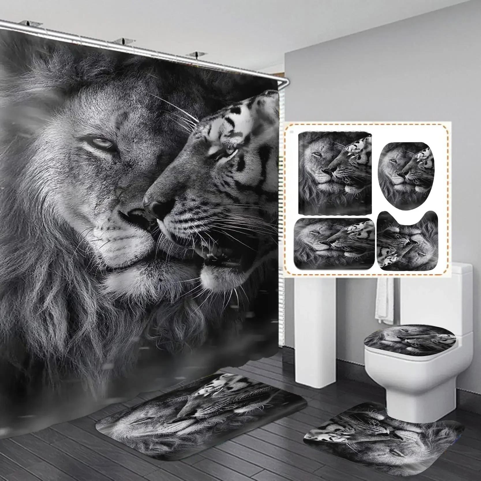 

Black Tiger Animals Printed Shower Curtain Set Bathroom Bathing Screen Anti-Slip Toilet Lid Cover Carpet Rugs Kitchen Home Decor W90xH180cm
