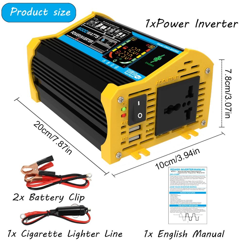 6000W 3000W Car Inverter Modified Sine Wave Voltage Transformer Power Converter DC 12V To AC 110V 220V LCD Display Dual USB Port