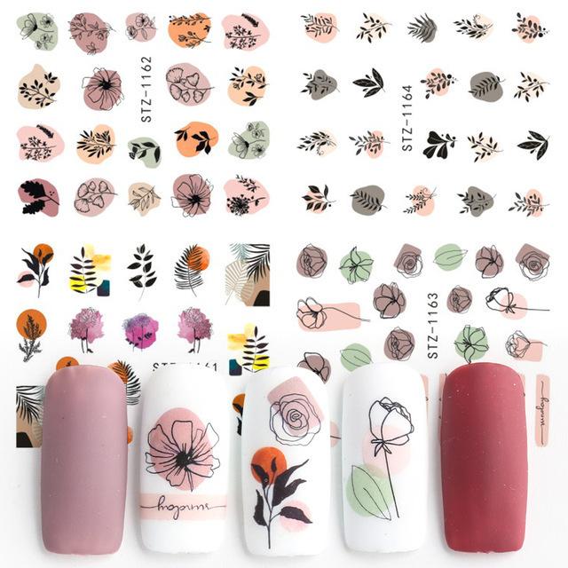 4Pcs Nail Art Slider Black Green Leaves Colorful Flowers Butterfly Spring Summer Nail Simple Designs Nail Art Stickers
