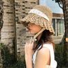 Cappello a secchiello estivo da donna all'uncinetto in paglia - Design traforato con lacci, Cappello da sole pieghevole con protezione UV per la spiaggia e la moda all'aperto