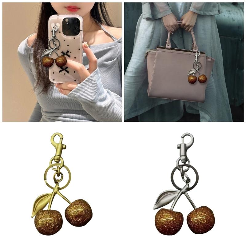 Sparkling 3D Cherry Charm Keychain Accessory Fashionable Fruit Shape Key Rings Portable Bag Decoration for Women