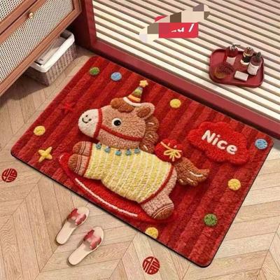 Cute Horse Pattern New Year Door Mat Red Bath Mat Soft Non-slip Blanket Home Decorations