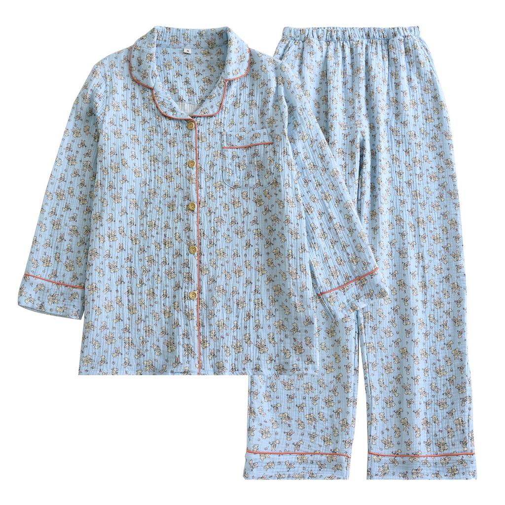Pure cotton double-layer yarn pajamas women's autumn new long-sleeved trousers loose and breathable can be worn outside loungewear two-piece set