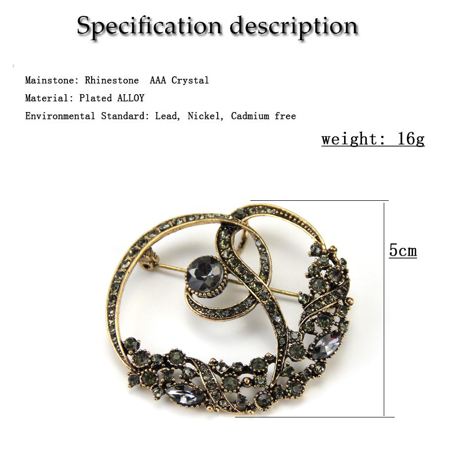 Elegante graue Kristall-Damenbrosche, antikes Goldfarben-Design, böhmischer ethnischer Party-Schmuck, Geschenk 2023
