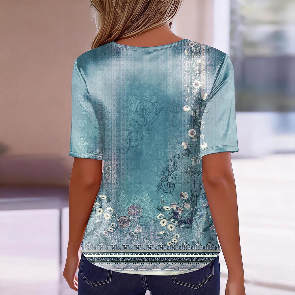 Women's Fashion Casual Retro Print  Collar Short Sleeve Button T-Shirt Top